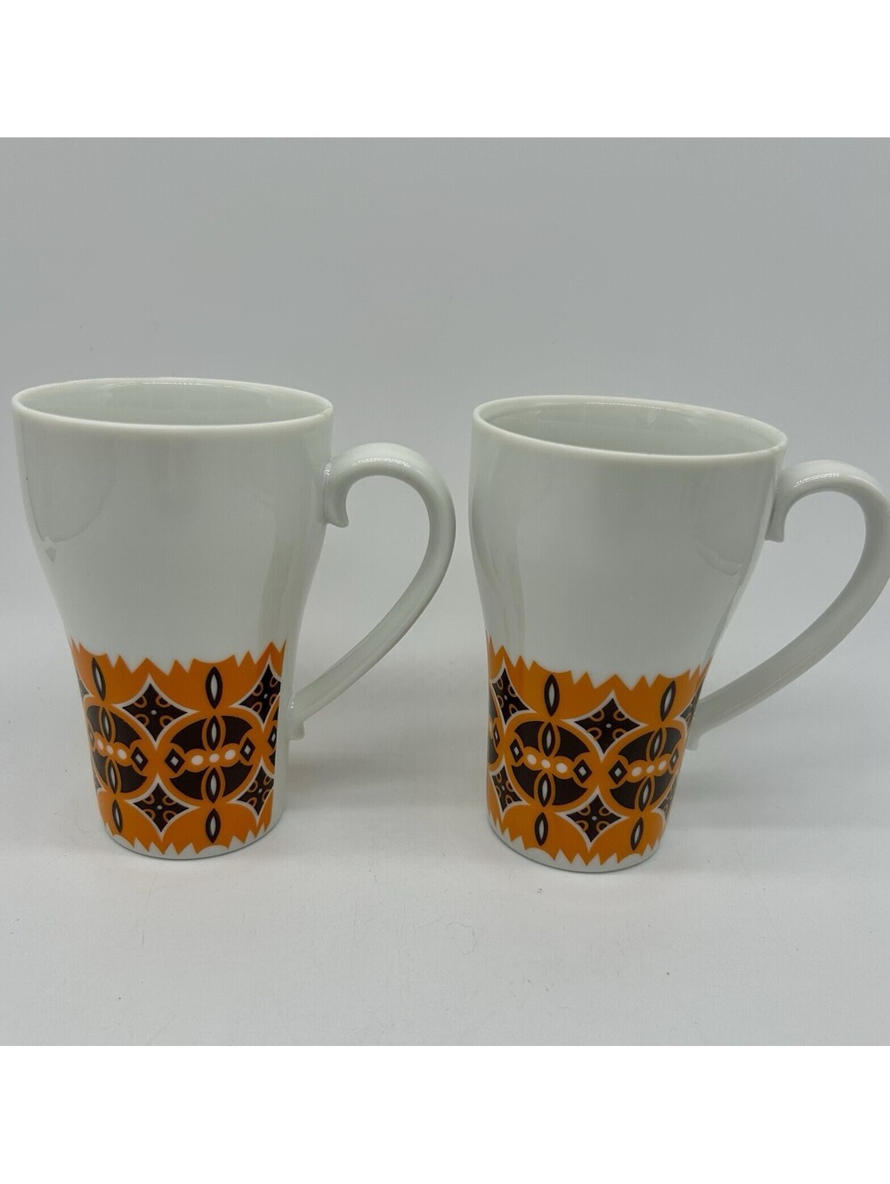 Vintage 1970s Mugs Orange Brown Geometric Set x2 Retro 70s Japan #1221 Porcelain